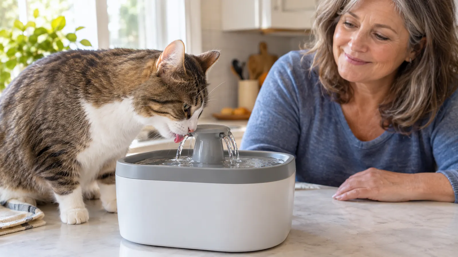 Close view of a cat drinking from a pet water fountain