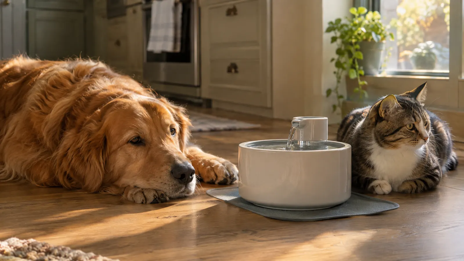 A dog and a cat resting near a pet water fountain in a kitchen