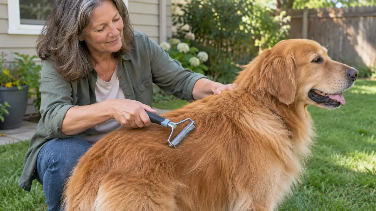 A person's hand running a stainless steel deshedding tool along the back of a large dog standing on grass