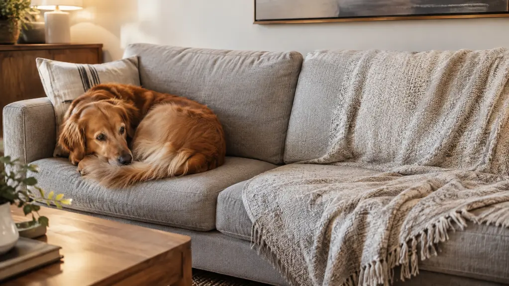 A large dog curled on one end of a living room sofa with a folded blanket covering the rest