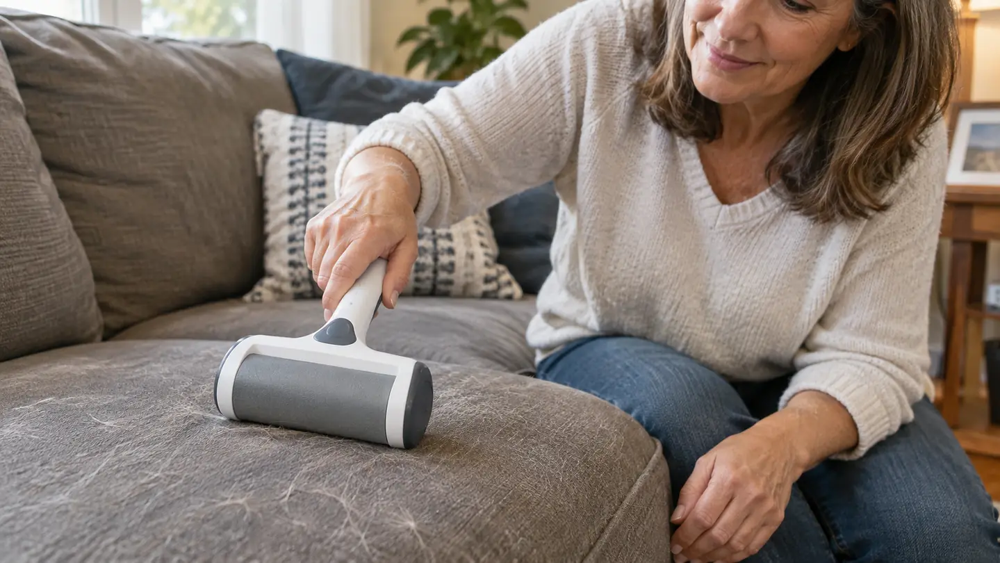 A hand rolling a reusable pet hair remover across a couch cushion