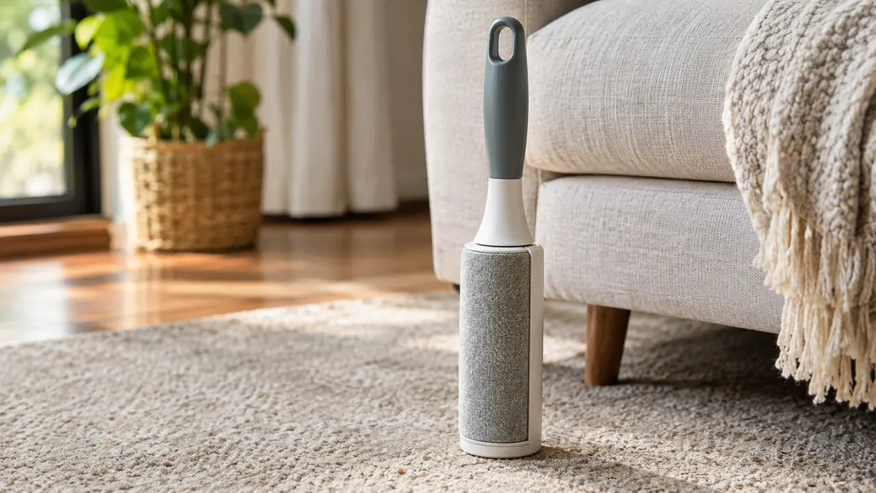 A reusable pet hair roller standing upright on a carpeted floor next to a couch