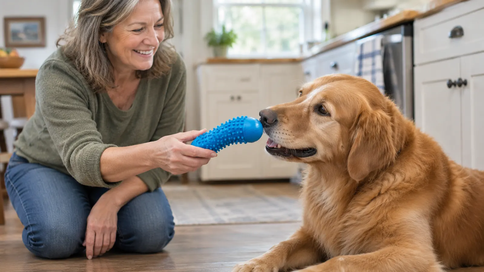 A hand offering a stuffed rubber chew toy to a large dog sitting on a kitchen floor