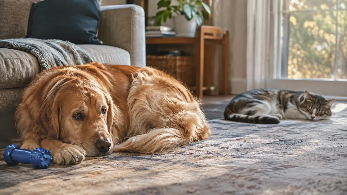 A large dog curled around a rubber chew toy on a rug while a cat rests a few feet away
