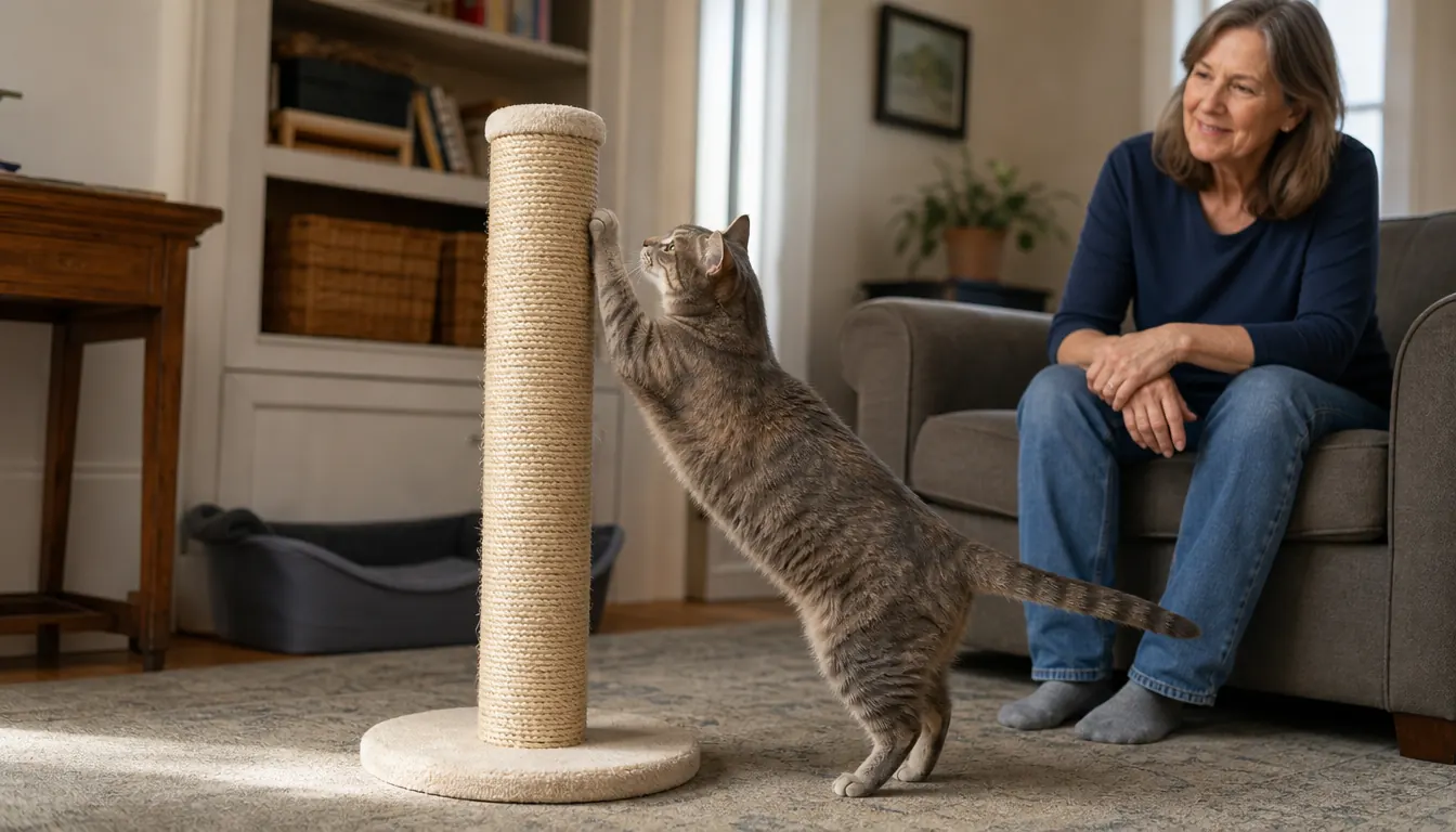 Close view of a cat scratching a tall sisal post in a living room