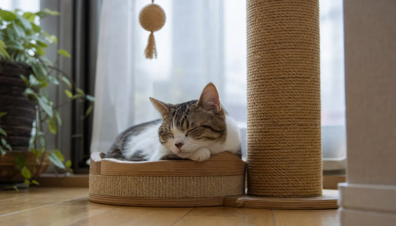 A cat napping on a low perch beside a tall sisal scratching post