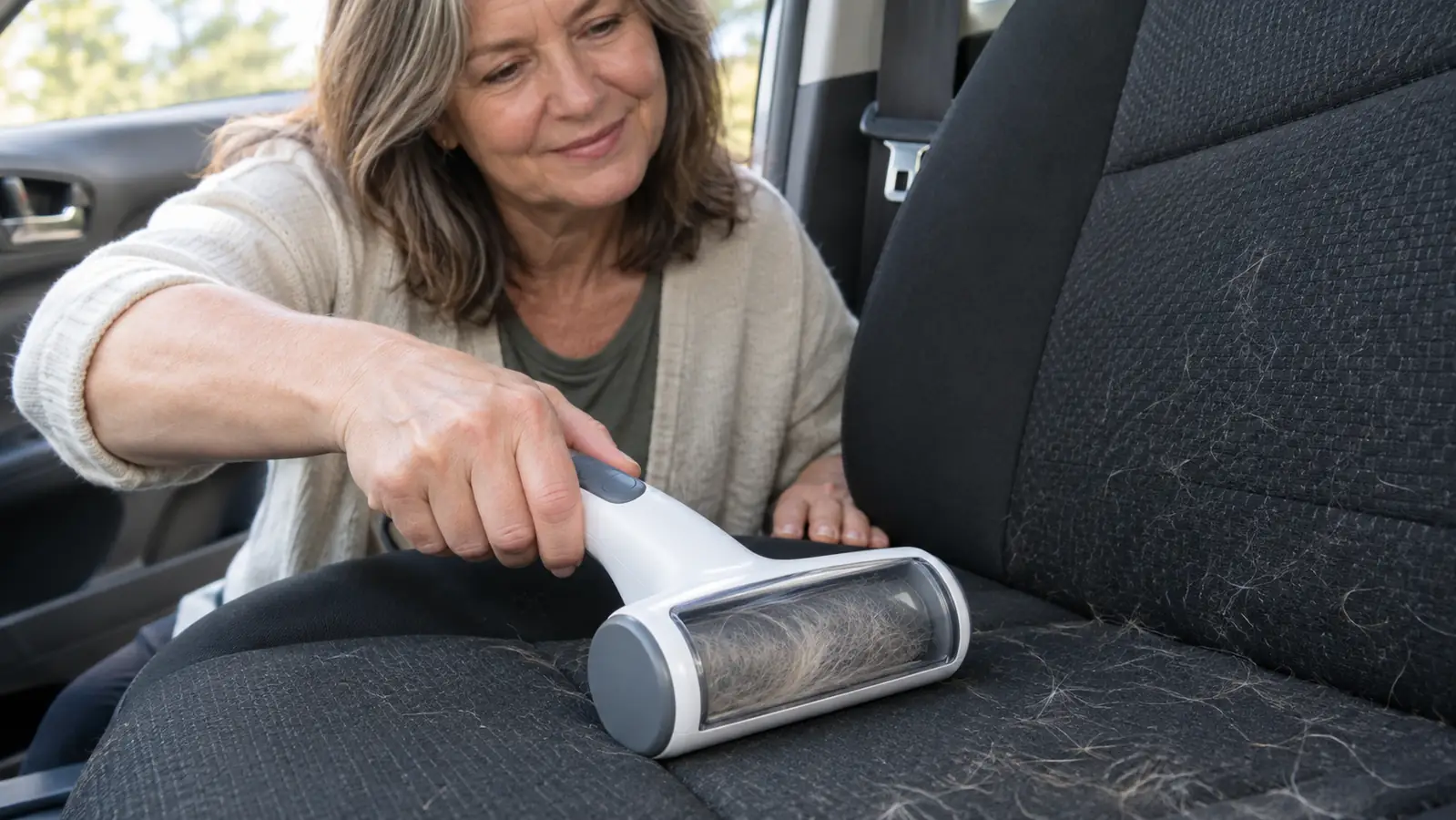 Close-up of a reusable pet hair remover moving across a fabric car seat