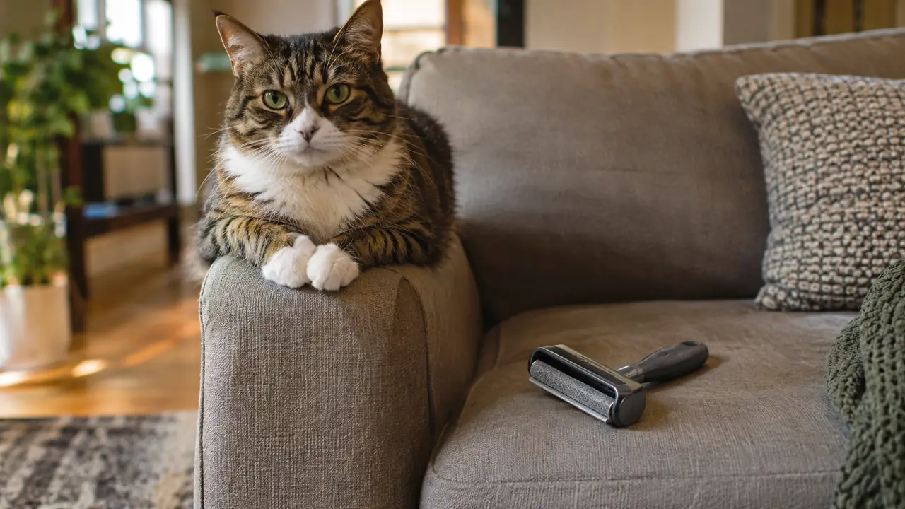 A cat sitting on the arm of a couch while a reusable pet hair remover rests on the cushion