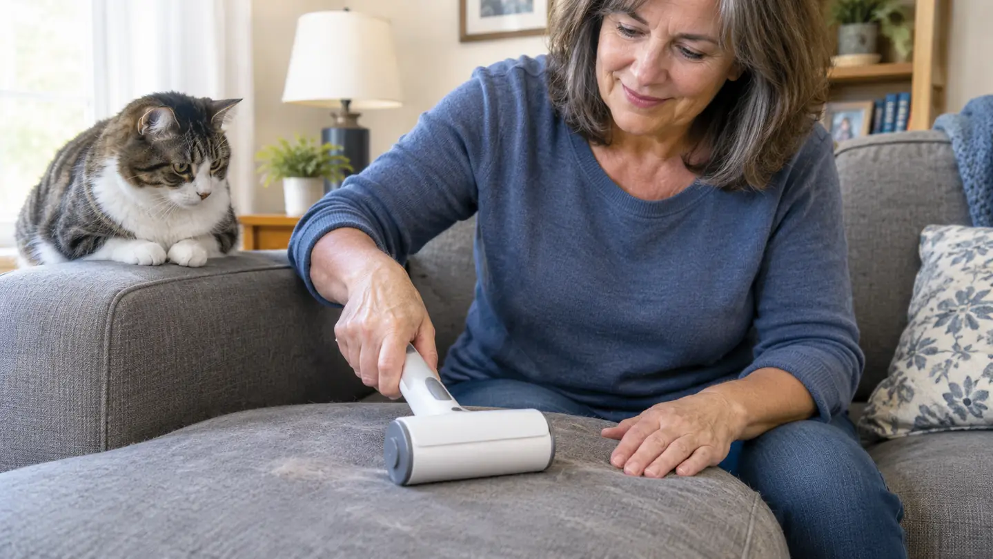 A hand pushing a reusable pet hair roller across a fabric sofa cushion while a cat watches from the armrest.