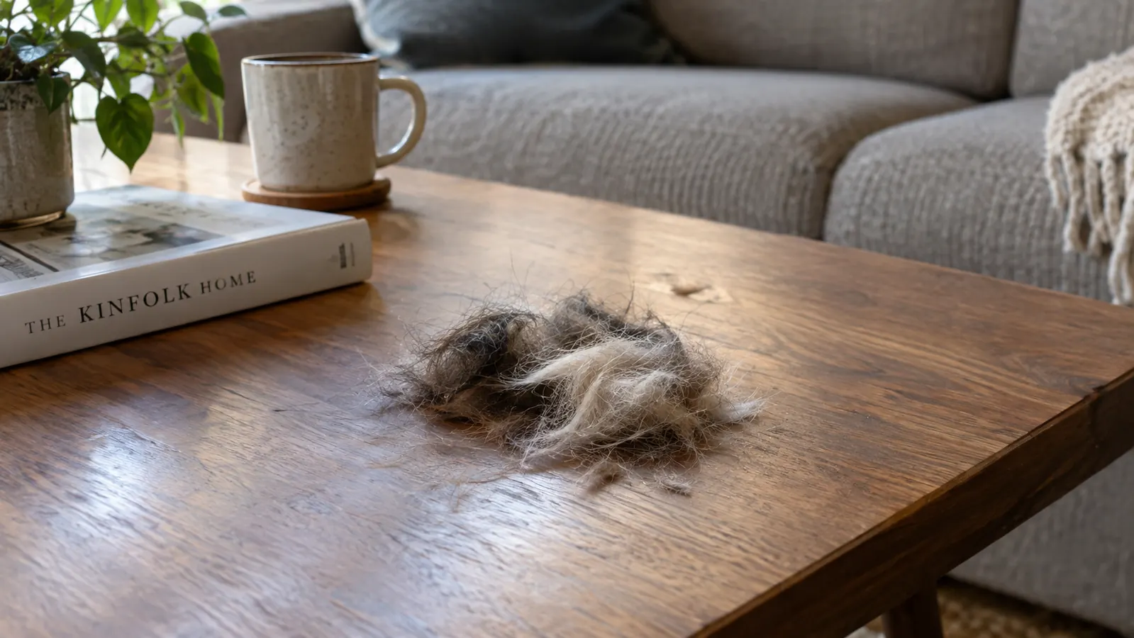 A small pile of collected pet fur on a wooden coffee table beside a book and a mug, with a sofa in the background.