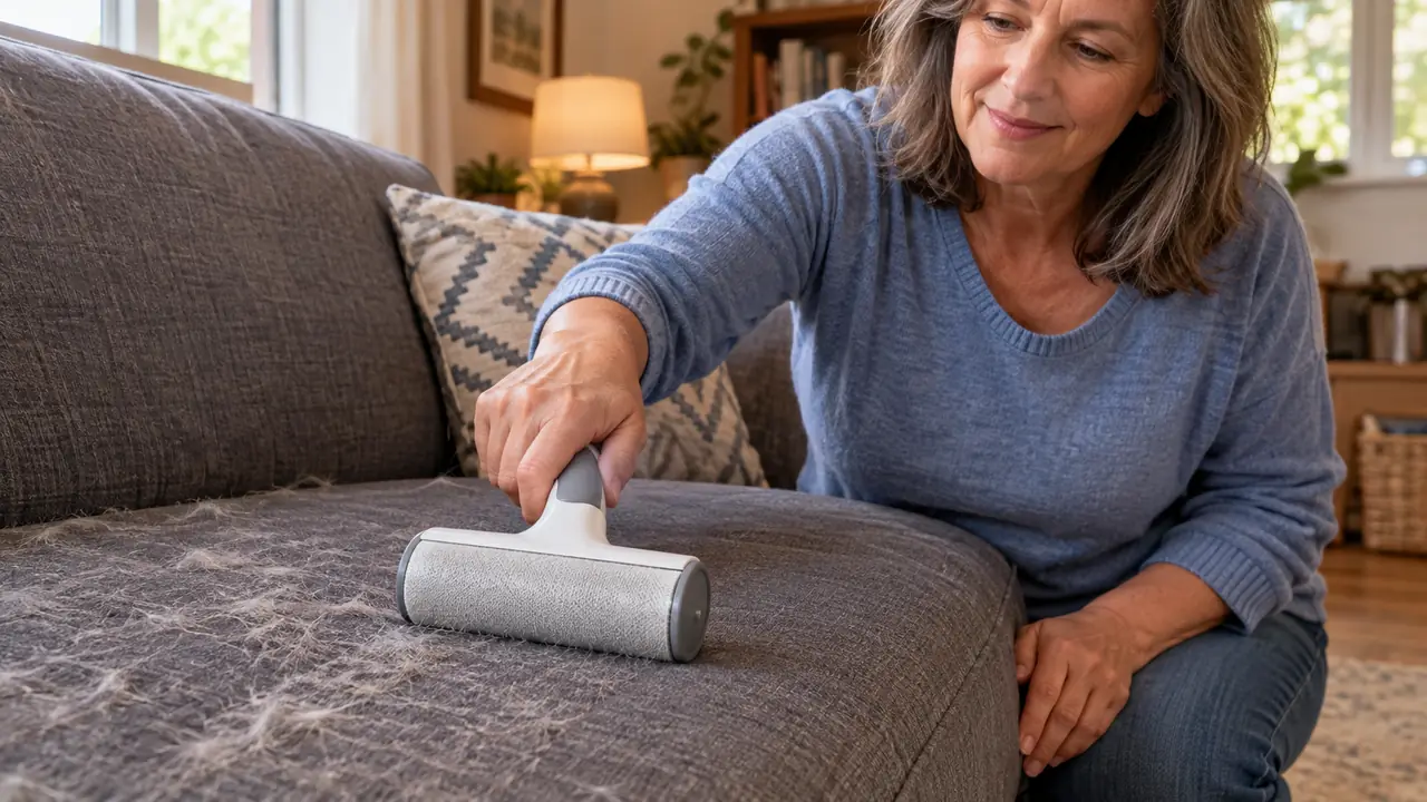 A hand rolling a reusable pet hair roller across a sofa cushion covered in fur