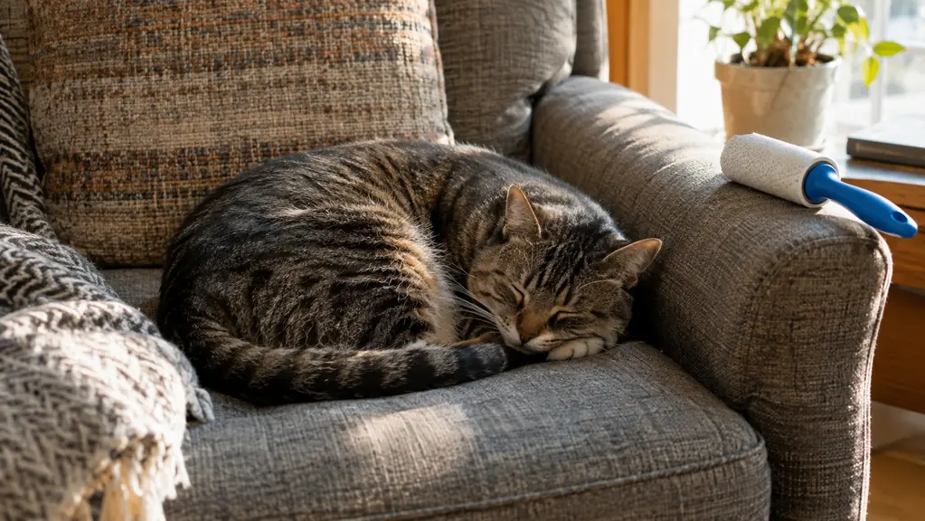 A tabby cat asleep on an armchair while a reusable pet hair roller rests on the arm