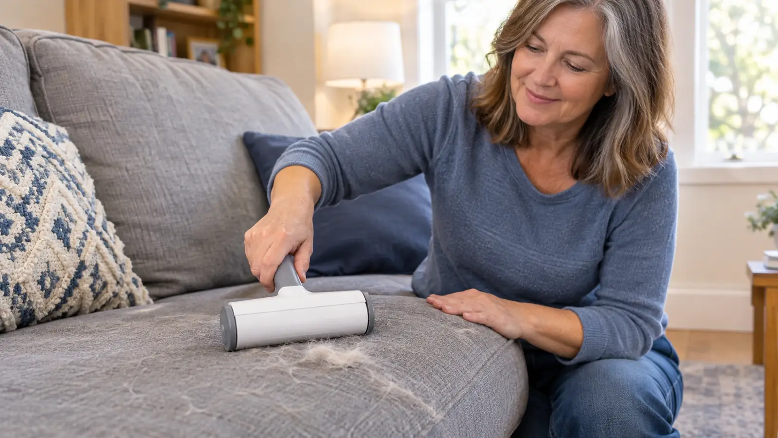 A hand rolling a reusable pet hair remover across a couch cushion with a small clump of fur on the fabric