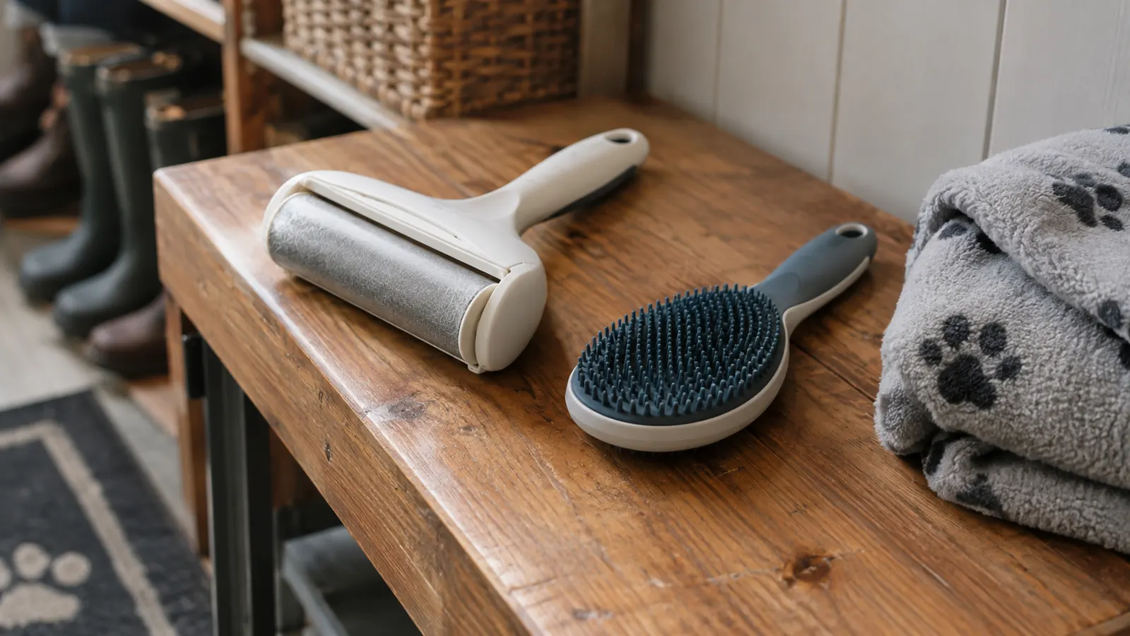 A reusable pet hair roller and a silicone-bristle fur remover side by side on a bench beside a folded dog blanket