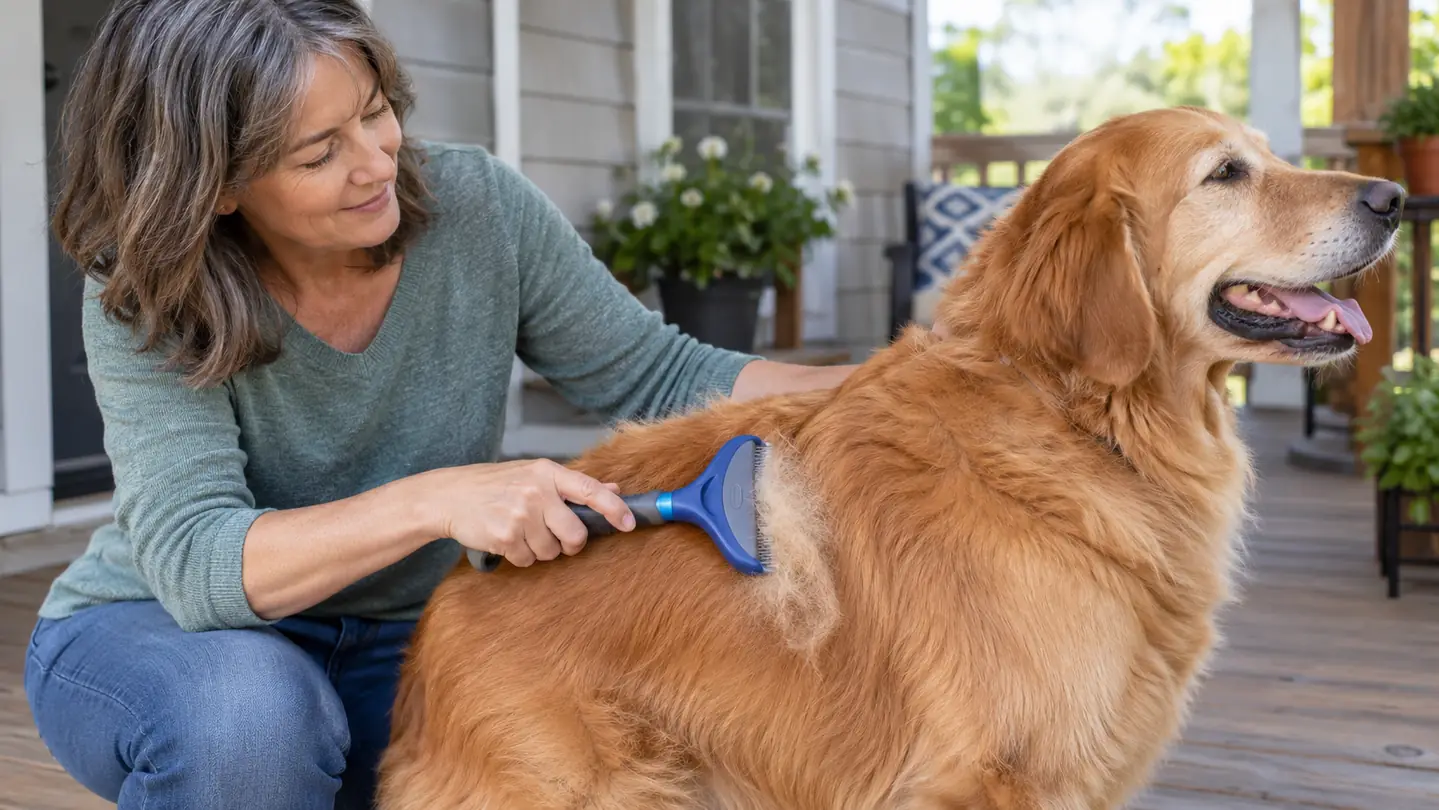 A hand running a deshedding tool through a dog's coat on a porch, with loose fur lifting away
