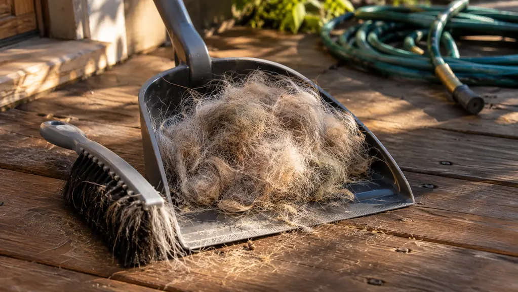 A dustpan holding a large mound of dog fur on a wooden porch deck