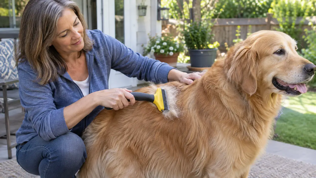 A hand using a grooming tool on a large dog's back while the dog stands patiently