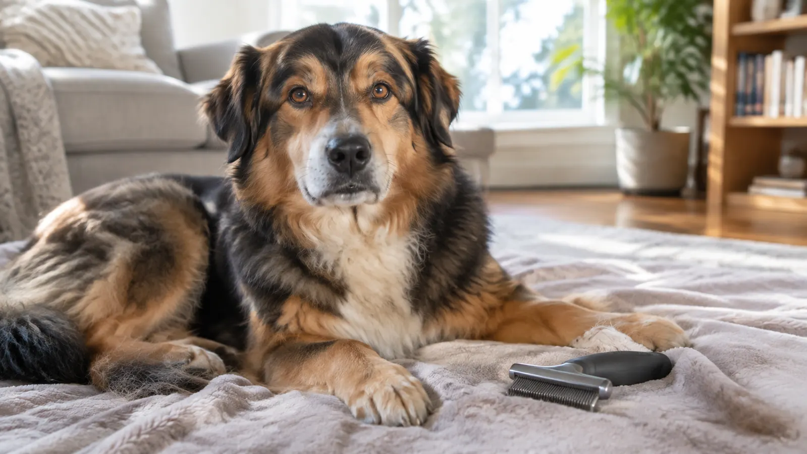 A large dog lying on a blanket in a living room with a grooming tool resting beside it