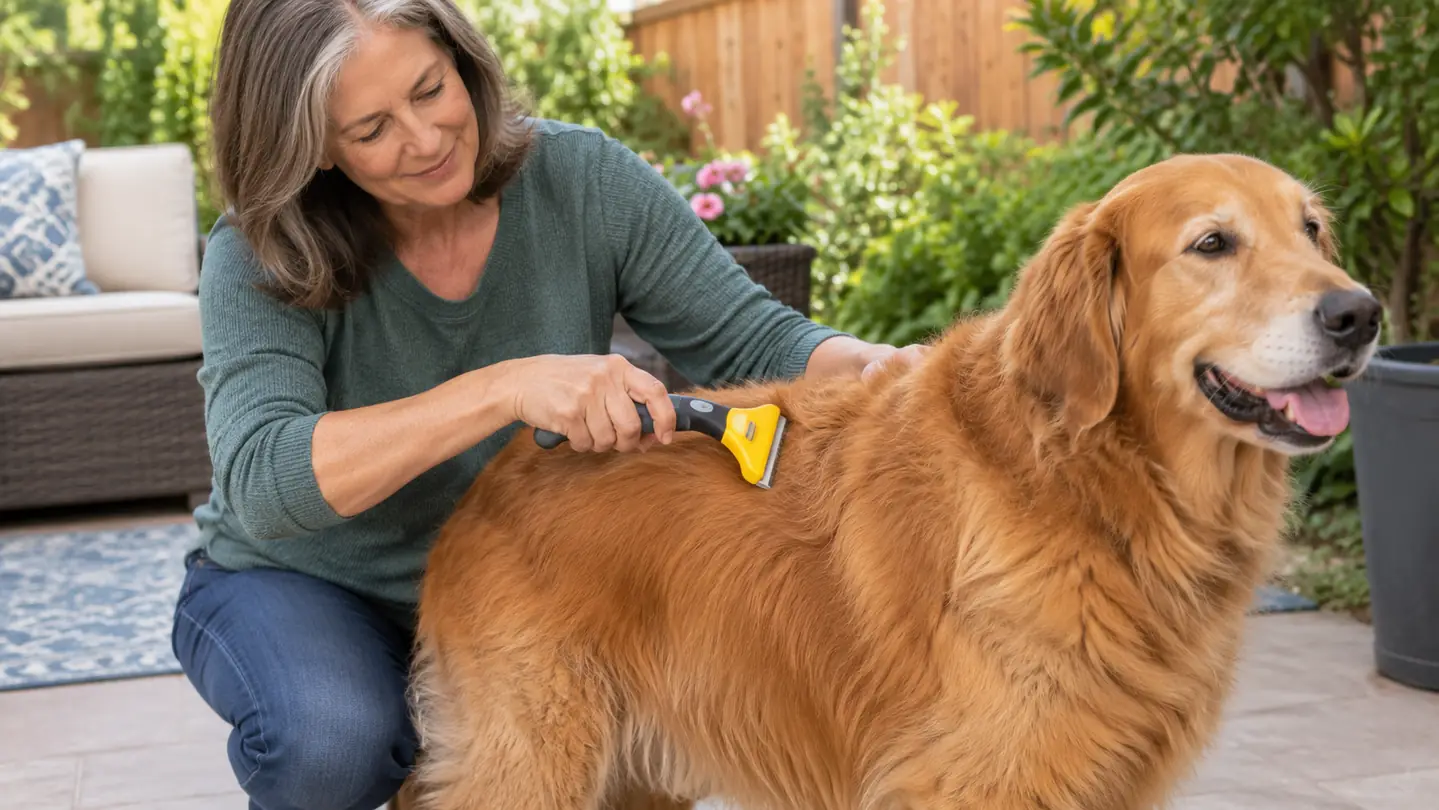A person running the deShedding tool along the back of a large dog while the dog stands calmly outdoors