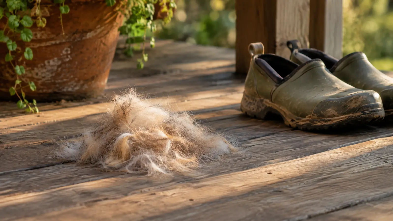 A small pile of loose fur on a wooden porch after brushing a large dog
