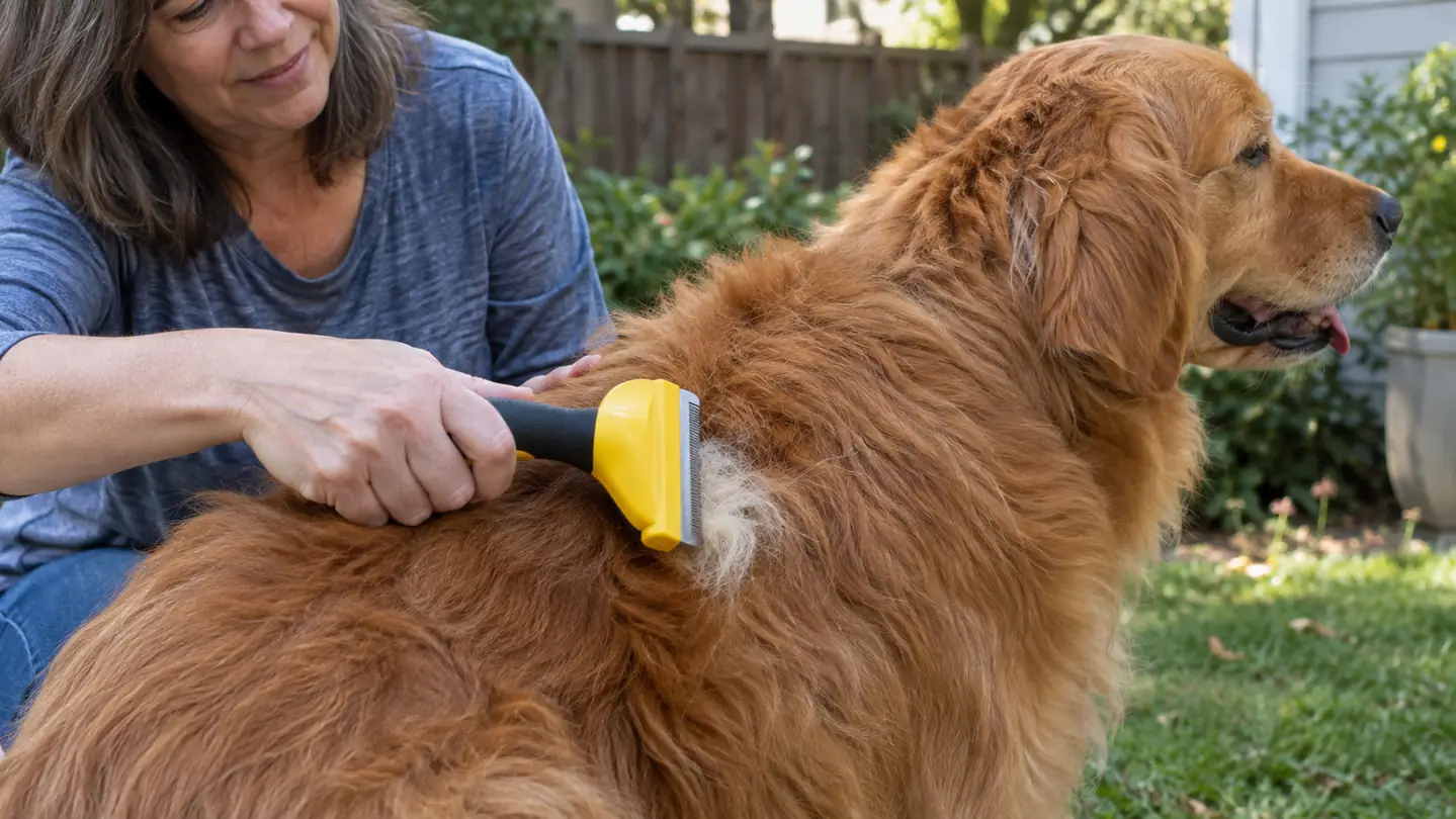 A hand using the FURminator deShedding Tool on the back of a large dog standing outdoors