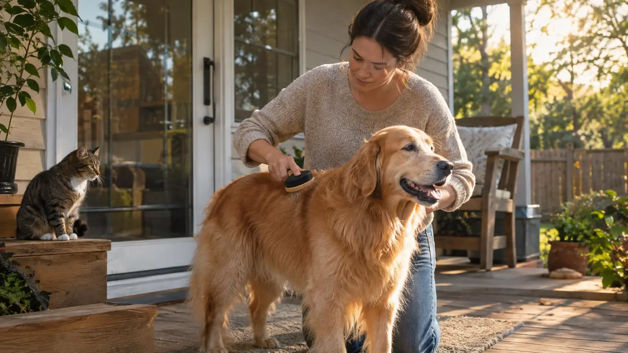 A person brushing a large dog on a back porch while a cat watches from a step