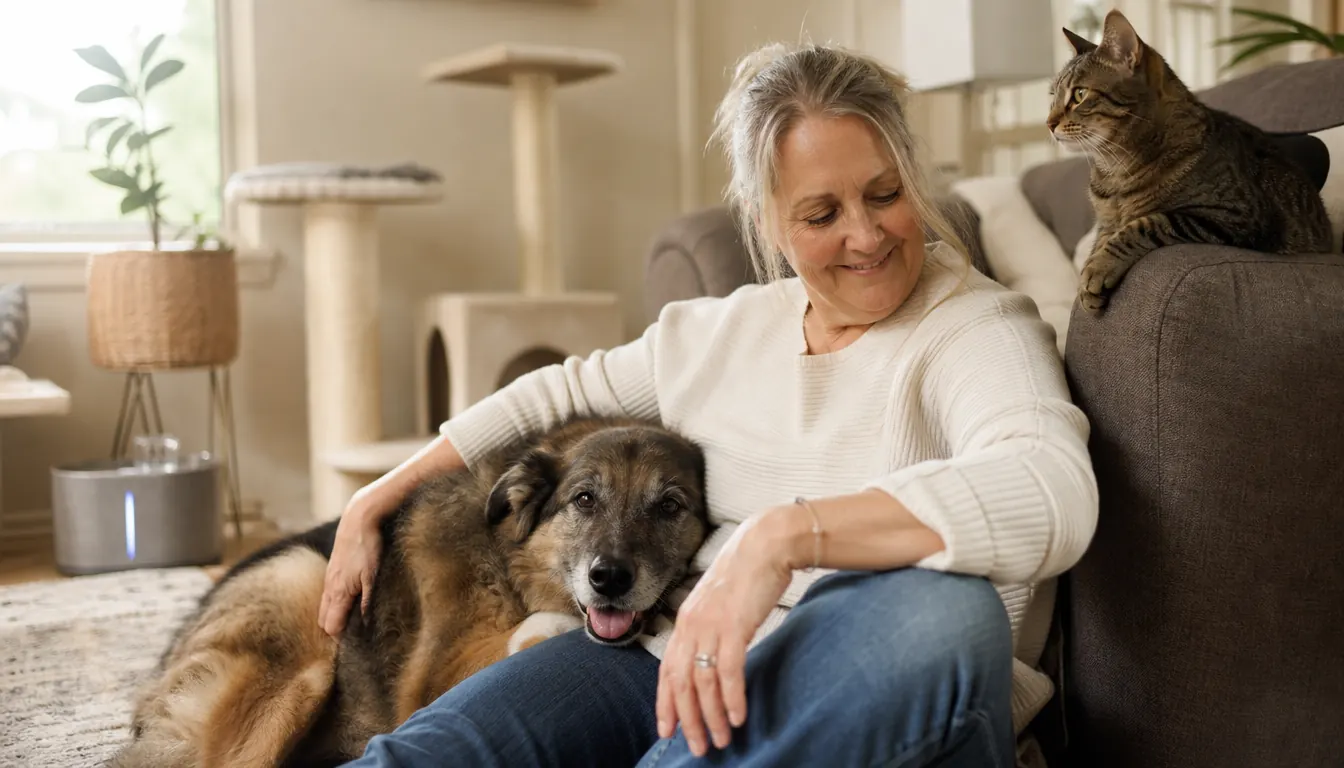 A woman sits on a living room rug with a large fluffy shepherd mix resting its head on her knee while a tabby cat watches from the sofa arm