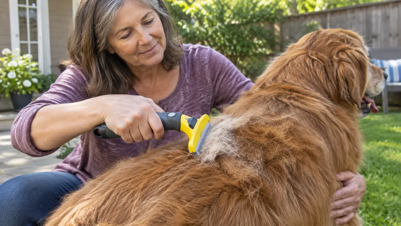 Close view of a handheld deshedding tool being drawn through a large dog's coat, with loose undercoat lifting away