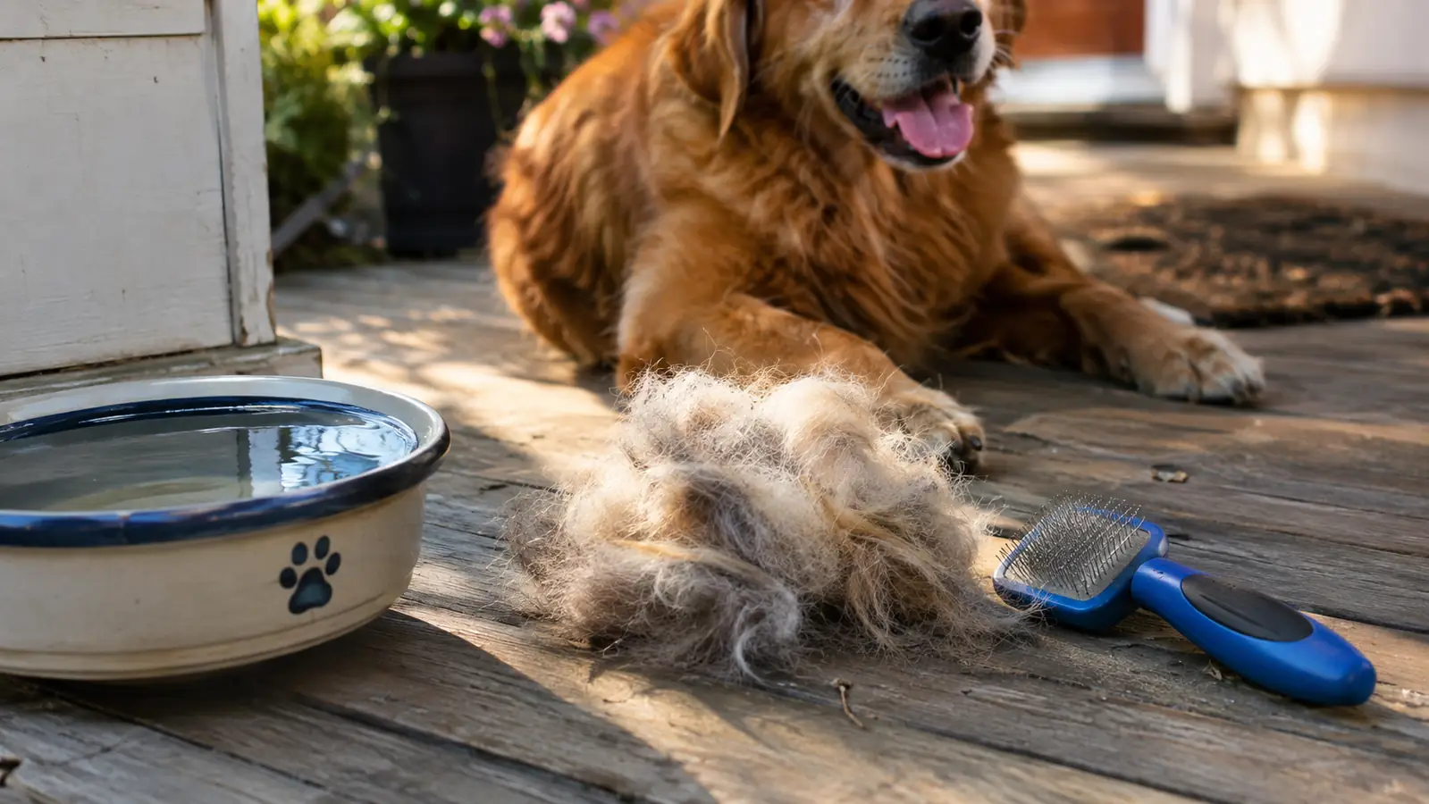 A small pile of shed fur collected on a porch after a grooming session
