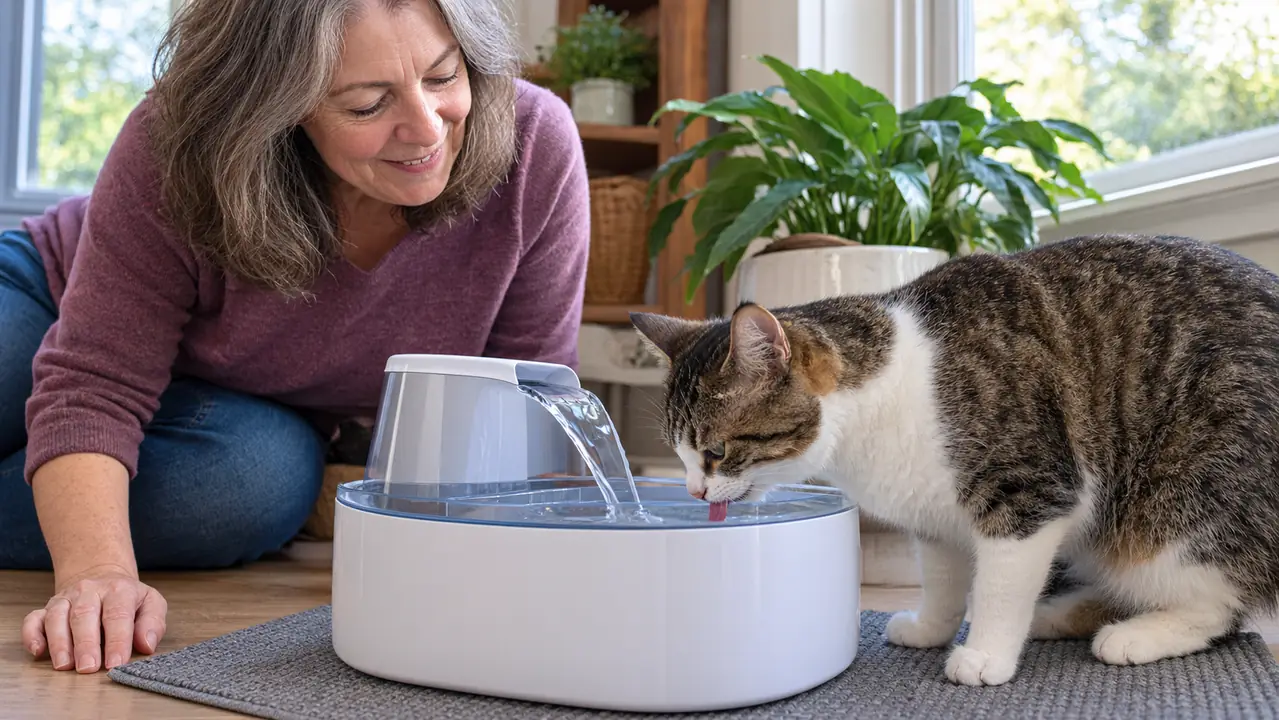 A cat drinking from the Veken cat water fountain in a home