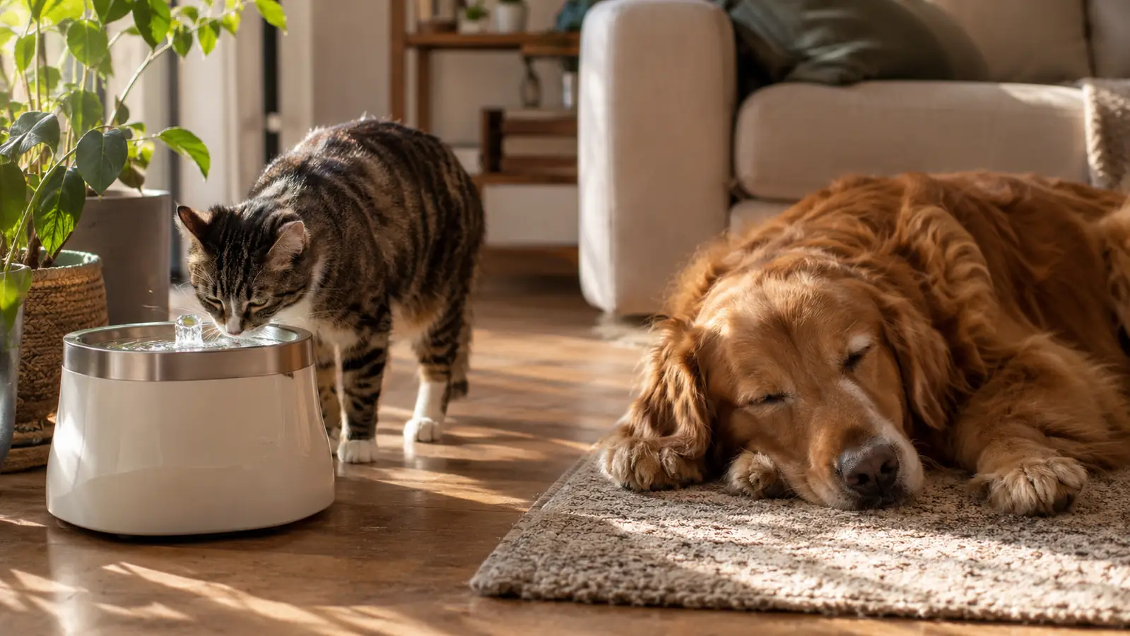 A cat drinking from a water fountain while a large dog naps nearby