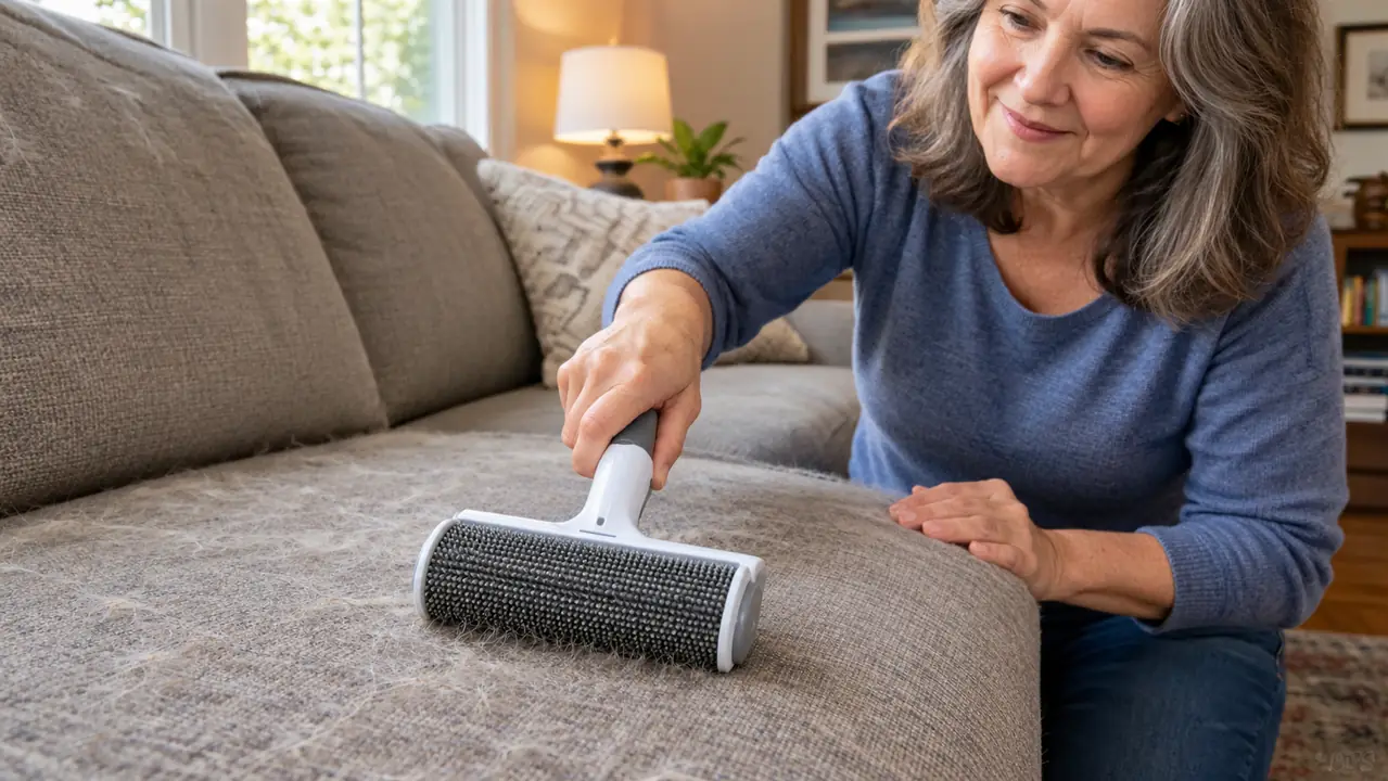 A hand rolling a reusable pet hair roller across a fabric couch cushion