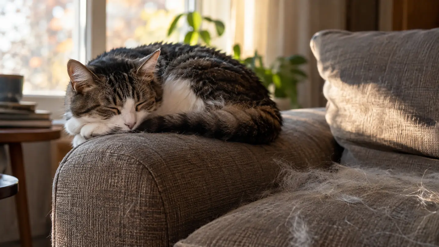 A cat curled on the arm of a fabric sofa with loose fur on the cushion beside it