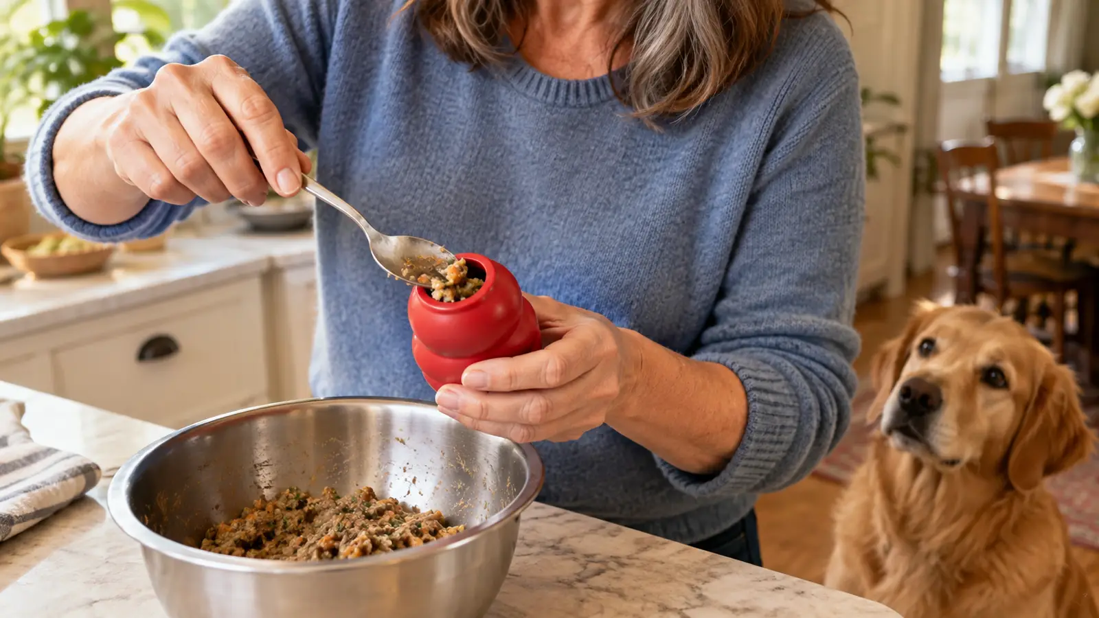 A hand pressing a spoonful of filling into a hollow rubber toy held over a stainless steel bowl, with the dog watching from the floor.