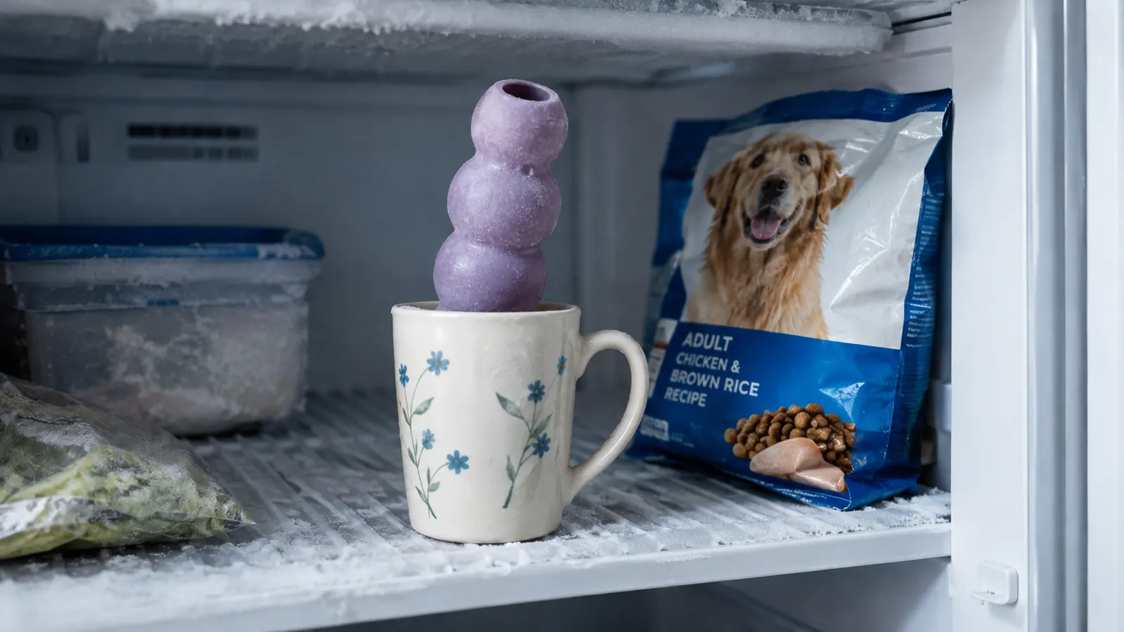 A hollow rubber toy standing upright in a mug on a freezer shelf, ready to freeze.