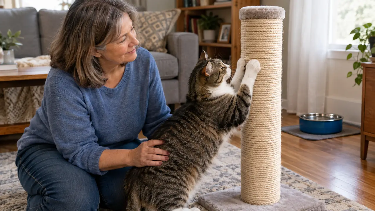 A cat actively scratching a tall sisal scratching post with both front paws in a home living room