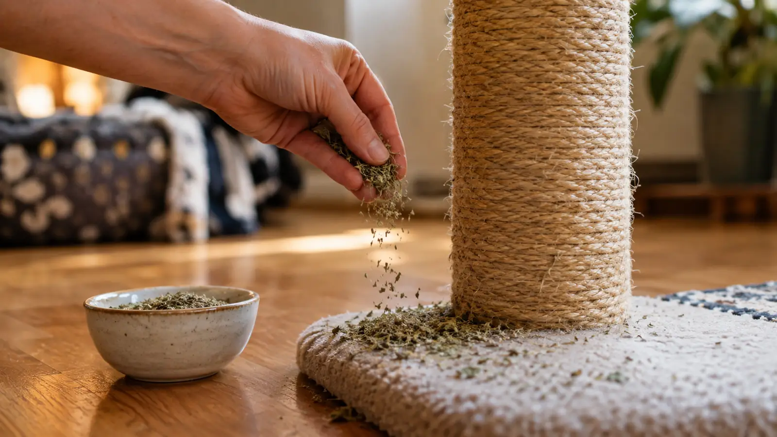 A hand sprinkling dried catnip at the base of a tall sisal scratching post on a wood floor