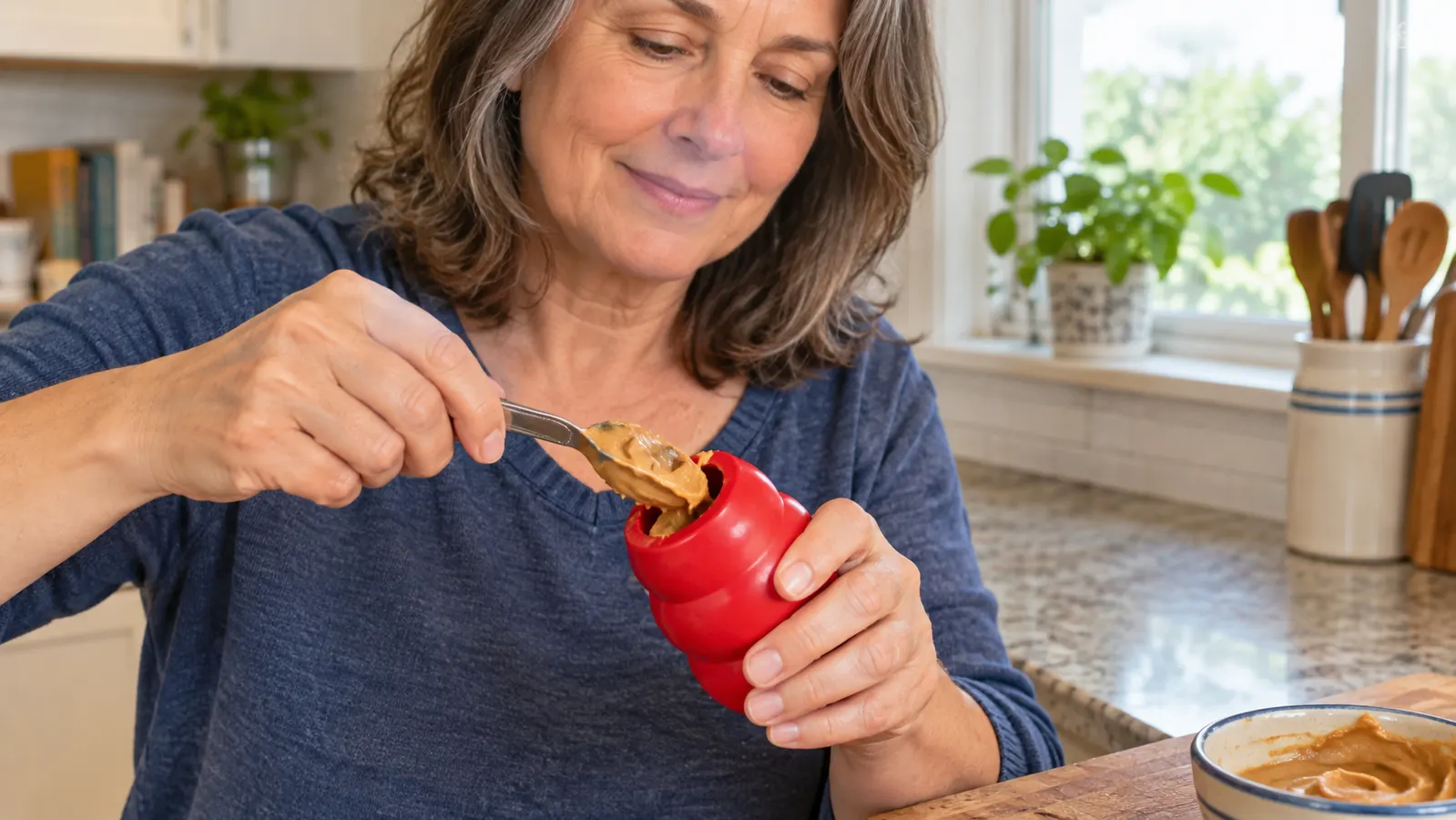 A hand spreading a spoonful of peanut butter into the hollow opening of a red rubber chew toy