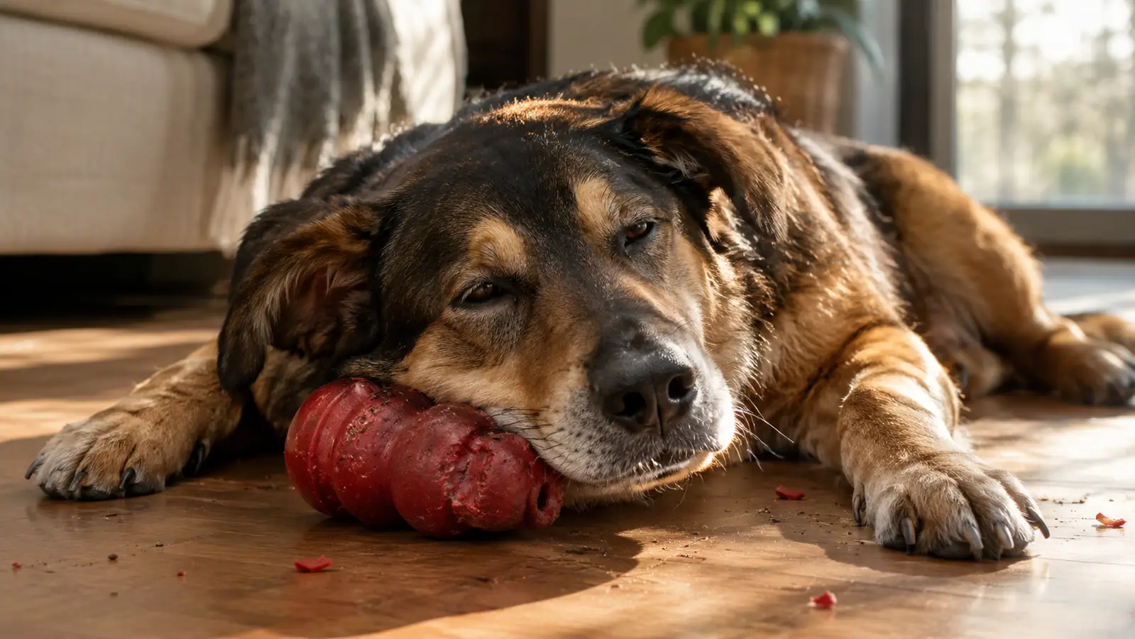 A dog lying on the floor with its head resting on a red rubber chew toy, ears relaxed, eyes half closed