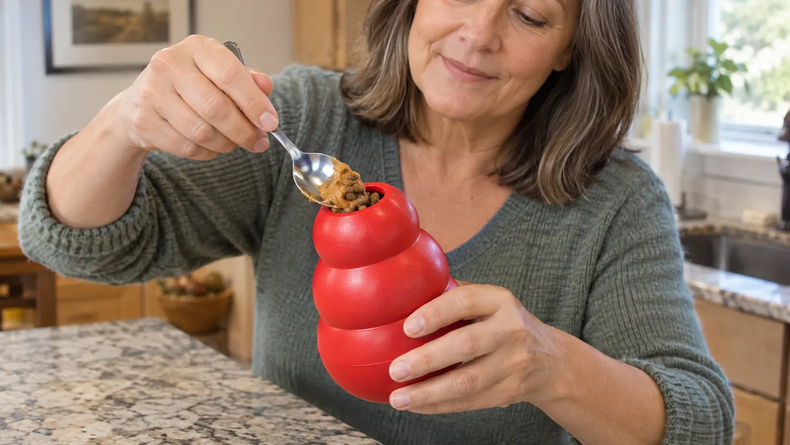A hand stuffing kibble and peanut butter into the opening of a red rubber chew toy at the kitchen counter