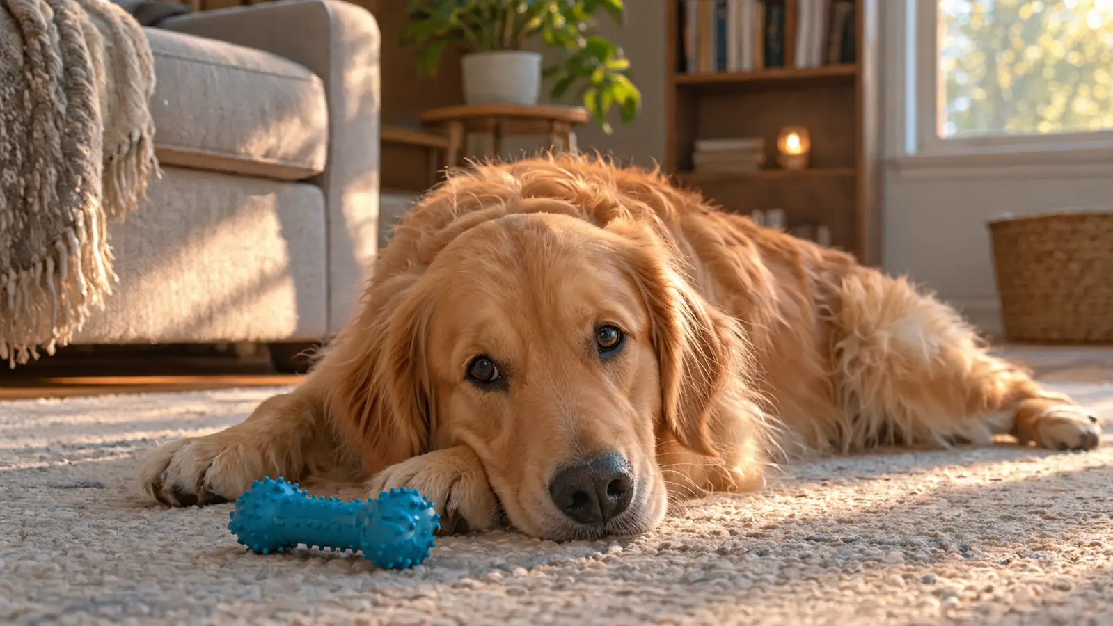 The dog lying on a rug in the living room next to a rubber chew toy, late afternoon light