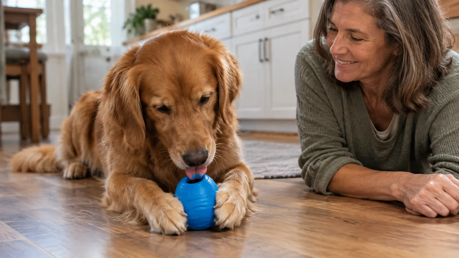 The dog working at a stuffable rubber chew toy between his front paws on a kitchen floor