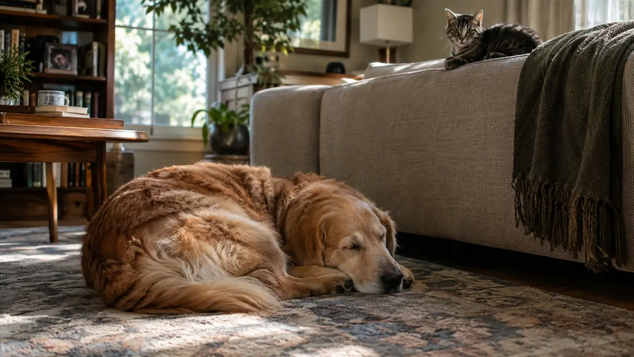 A dog sleeping curled on a rug in a living room while the cat watches from the back of a sofa