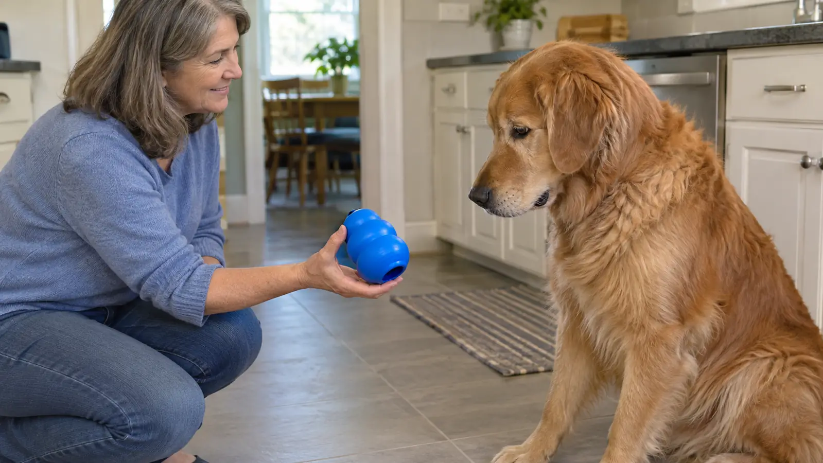 A hand offering a stuffable rubber toy to a large dog sitting on a kitchen floor