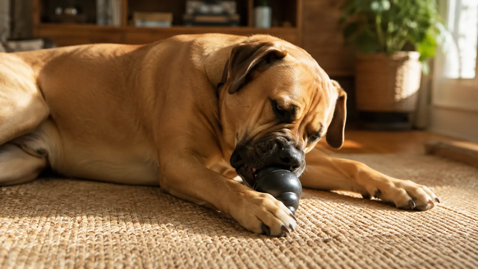 A large dog lying on a living room rug, working at a stuffable rubber toy between its front paws