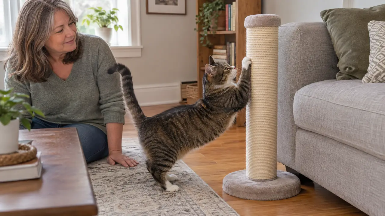 A cat scratching a tall sisal post next to a couch, mid-stretch.