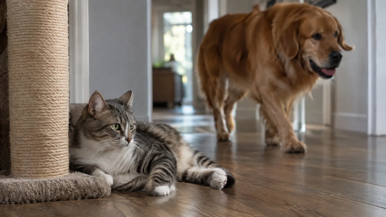 A cat resting near a tall sisal scratching post while a large dog walks past in the background.