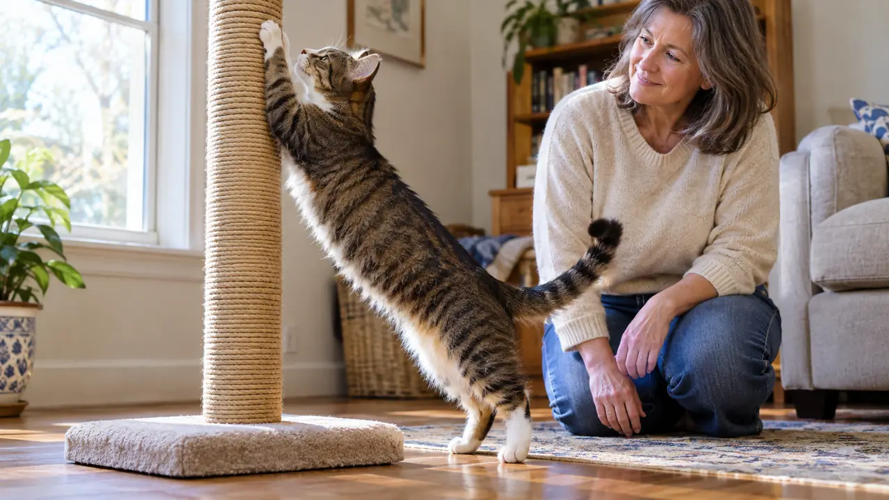 A cat stretching to full height against a tall sisal scratching post on a hardwood floor, front paws high on the post