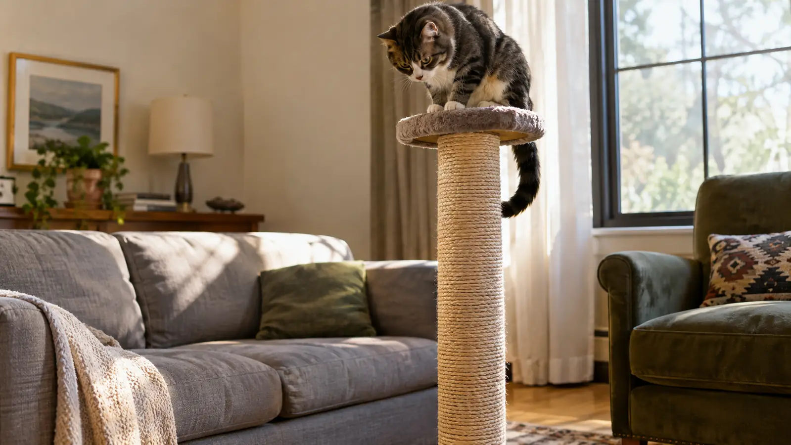 A cat perched on top of a tall sisal scratching post, looking down at the room below