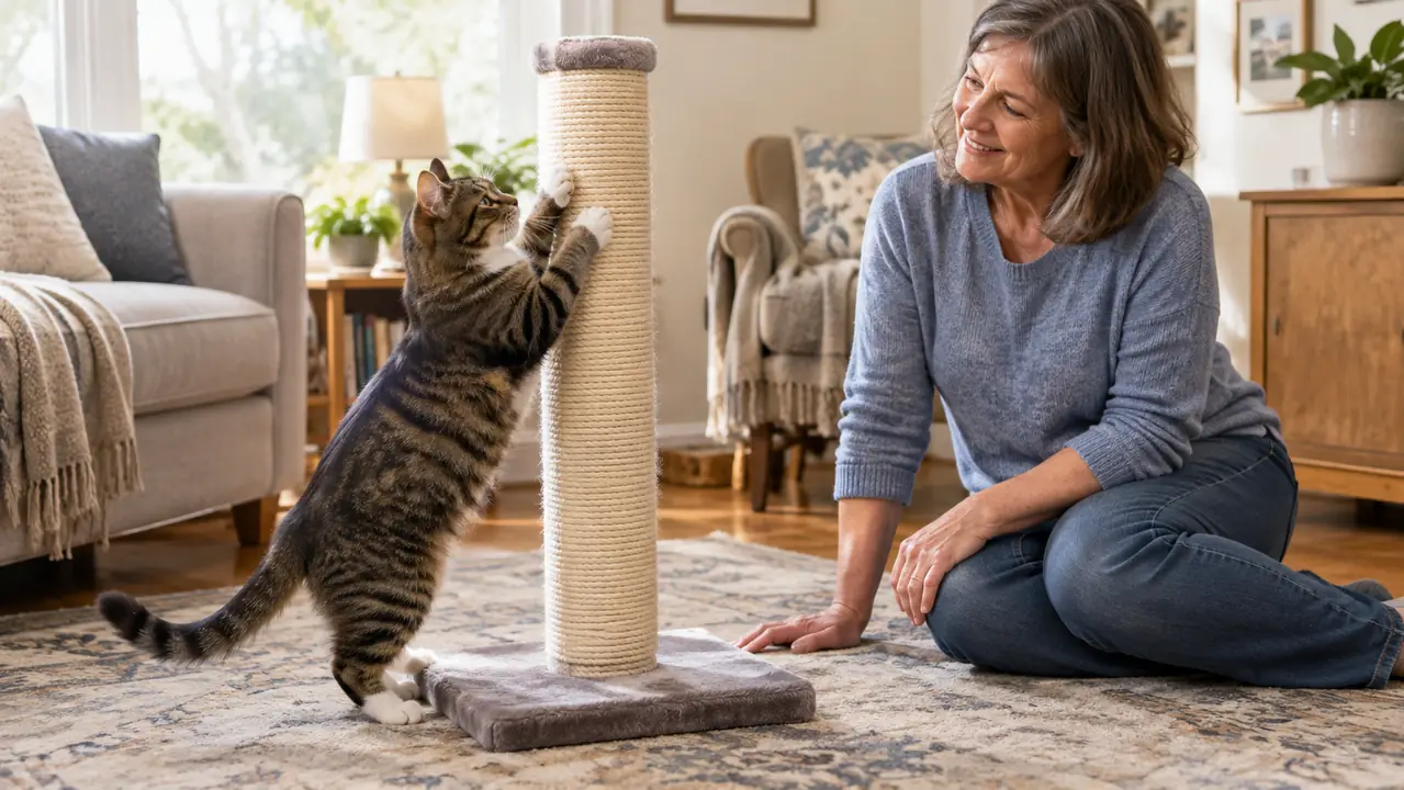 A cat scratching a tall sisal post with its front paws extended